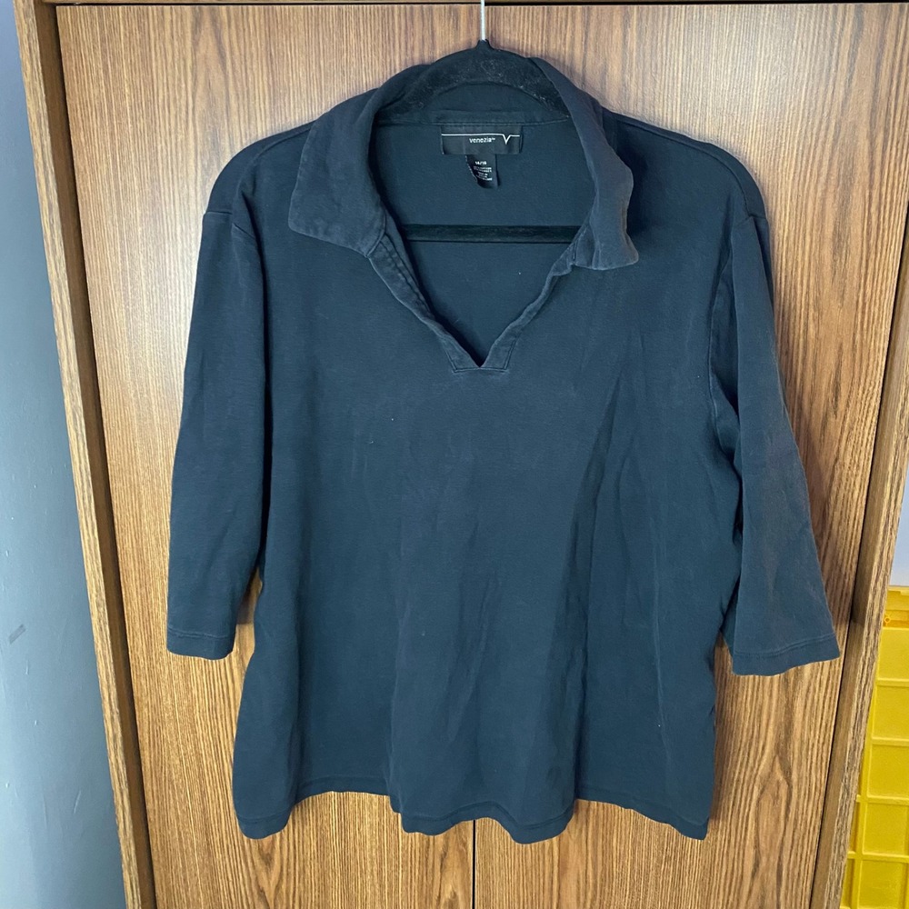 Venezia Polo Collar V-Neck Top Women 14/16 Black 3/4 Sleeve Cotton Blend